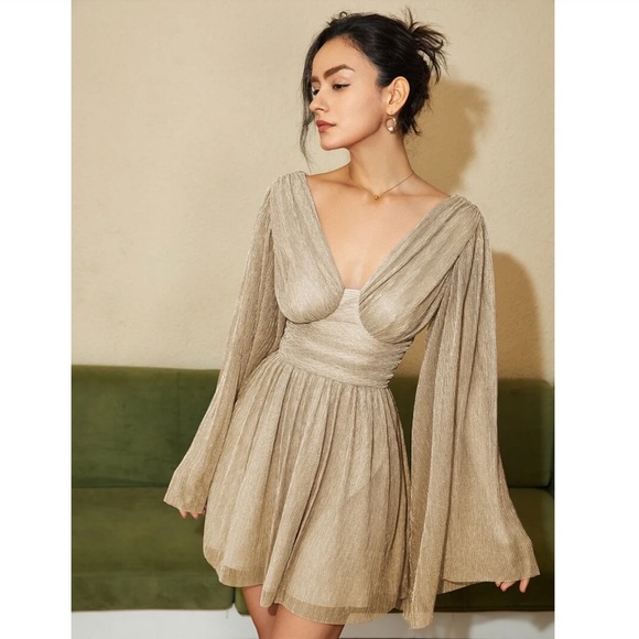 Champagne Beige Mini Dress Flared Bell Long Sleeve Fitted Waist - Picture 8 of 12